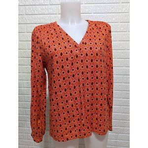 Hinge Women's Orange Printed V-Neck Hi-Low Long-Sleeve Tee Top Size XS